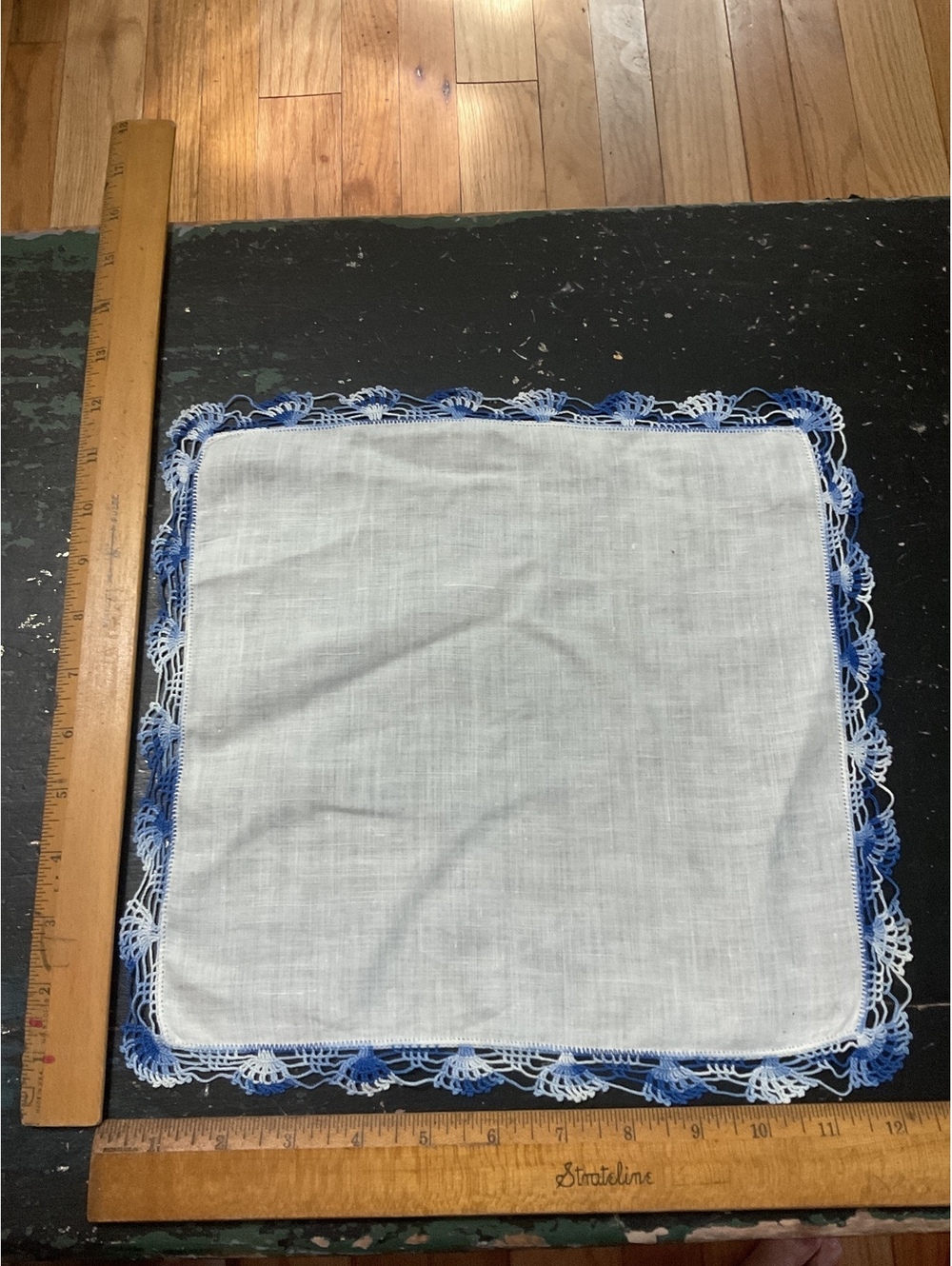 Vintage White Linen Handkerchief with Blue Crochet Lace Edging